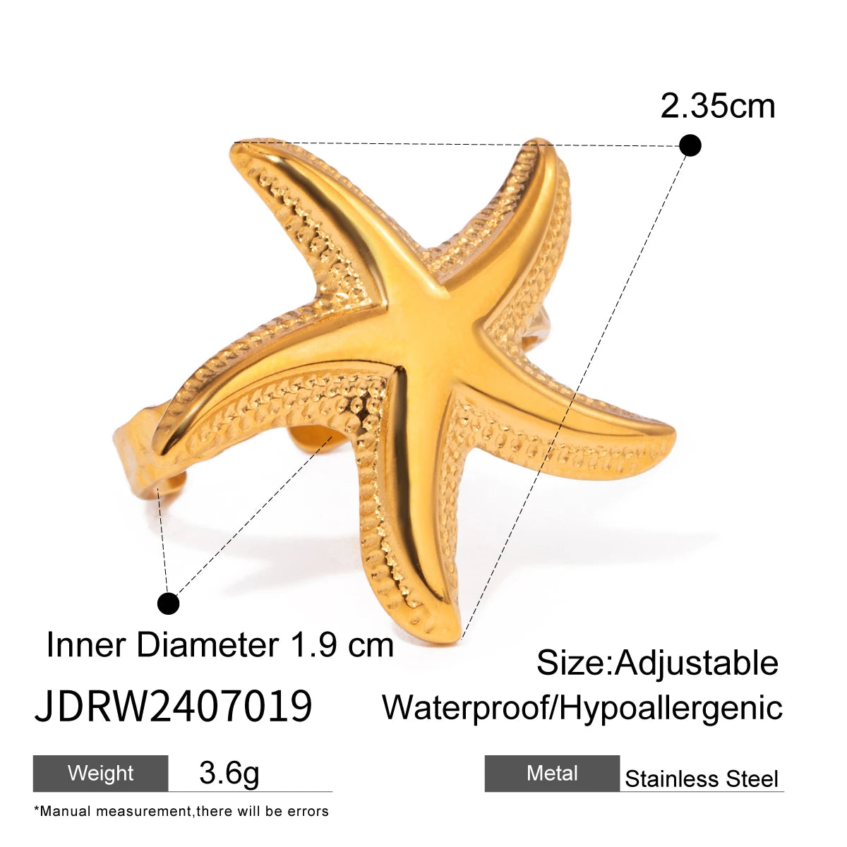 Ocean Beach Starfish Spiral Ring 18K Gold Plated Stainless Steel Shell Stackable Rings