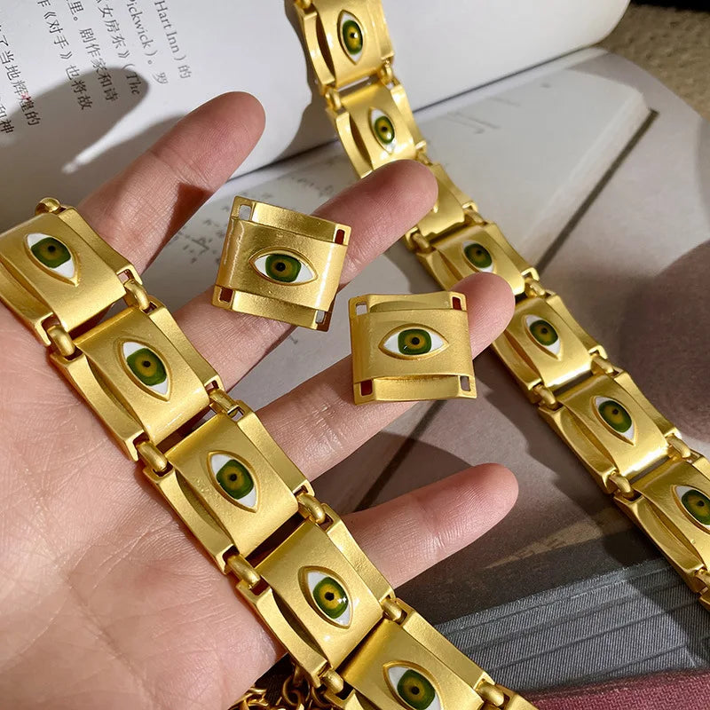 Matte Gold Square Evil Eye Necklace Earrings