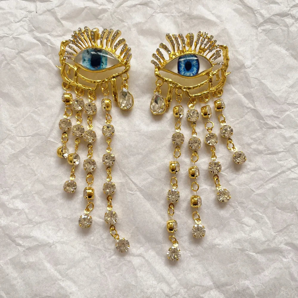 Rhinestone Golden Evil Eye Chain Dangle Earrings