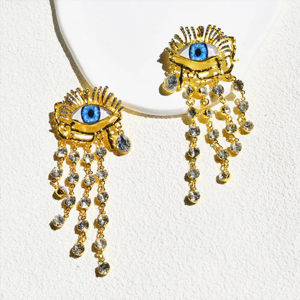 Rhinestone Golden Evil Eye Chain Dangle Earrings