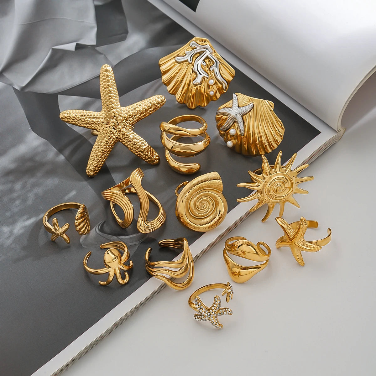 Ocean Beach Starfish Spiral Ring 18K Gold Plated Stainless Steel Shell Stackable Rings