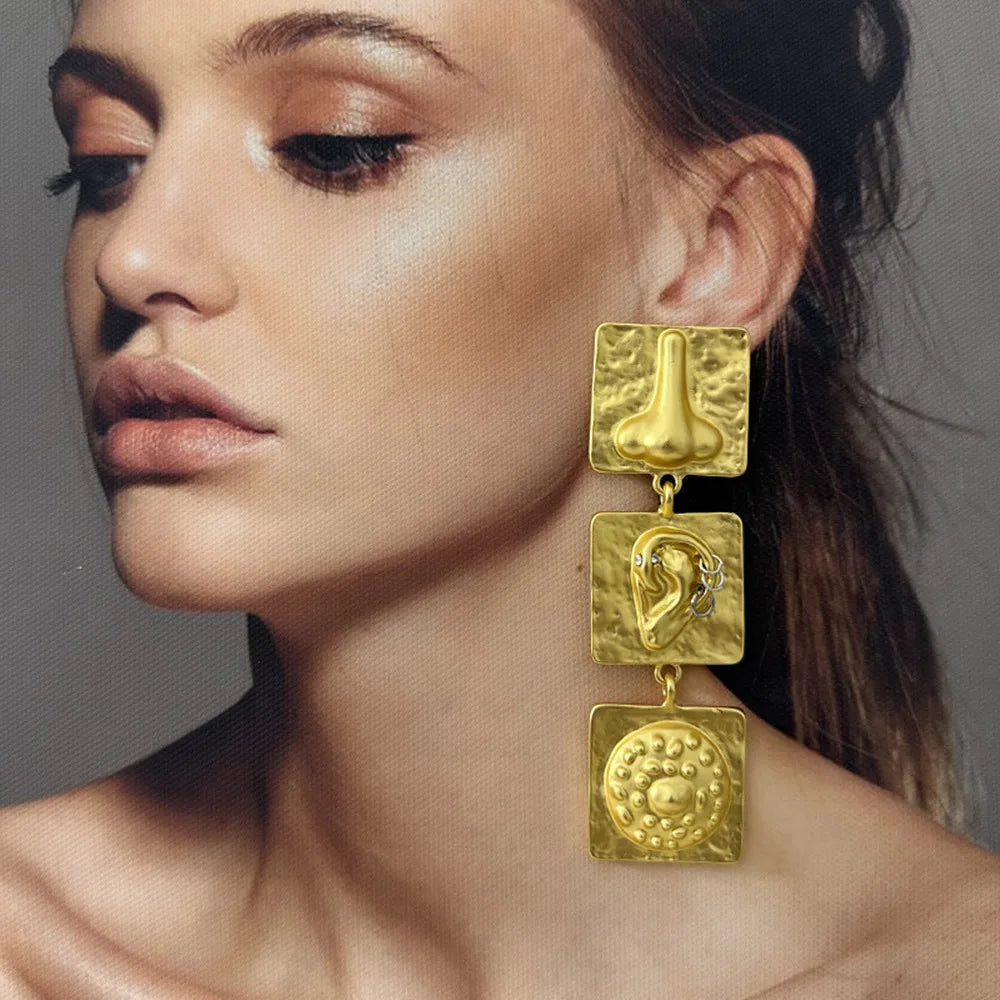 Gold Plated Face Nose Ears' Surrealist Dangle Earrings