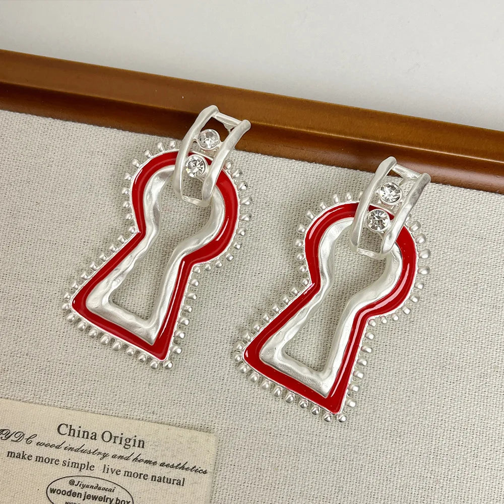 Statement Surrealist Lock Red Enamel Earrings