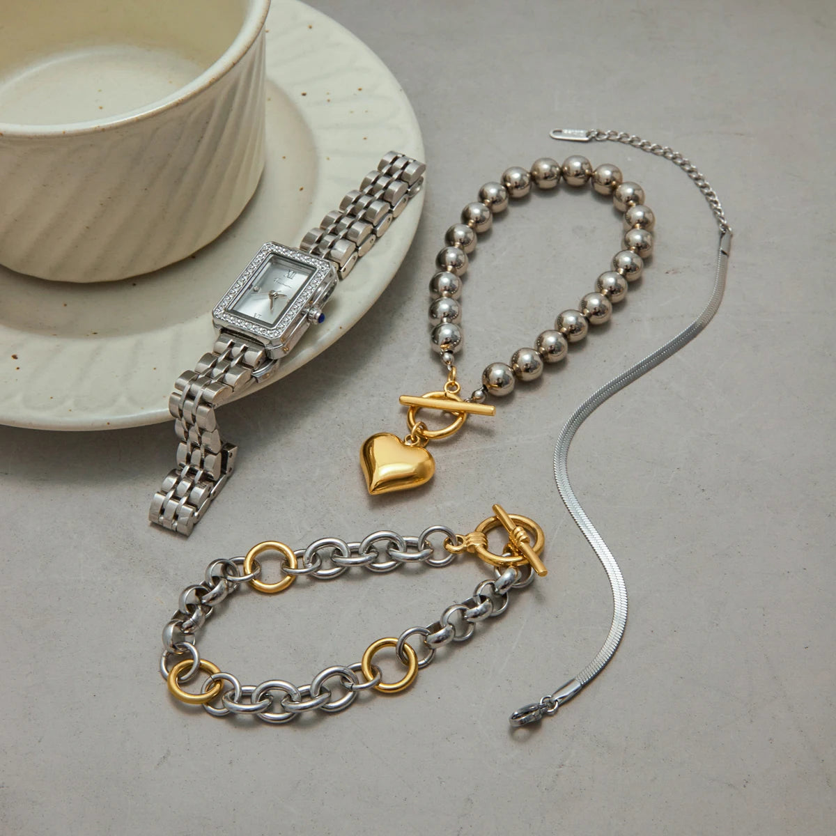 Snake Chain & Geometric Rectangular Watch Bead & Chain Stackable Bracelet