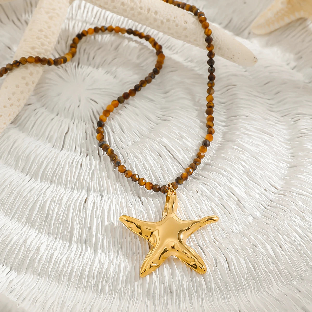 Starfish Pendant Bead Necklace Natural Stone