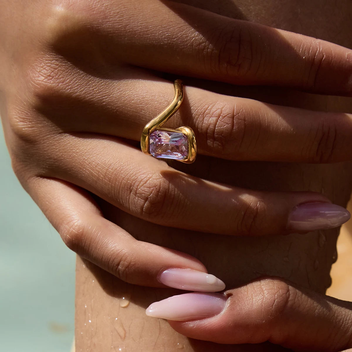 Square Pink Zircon Ring 18K Gold Plated