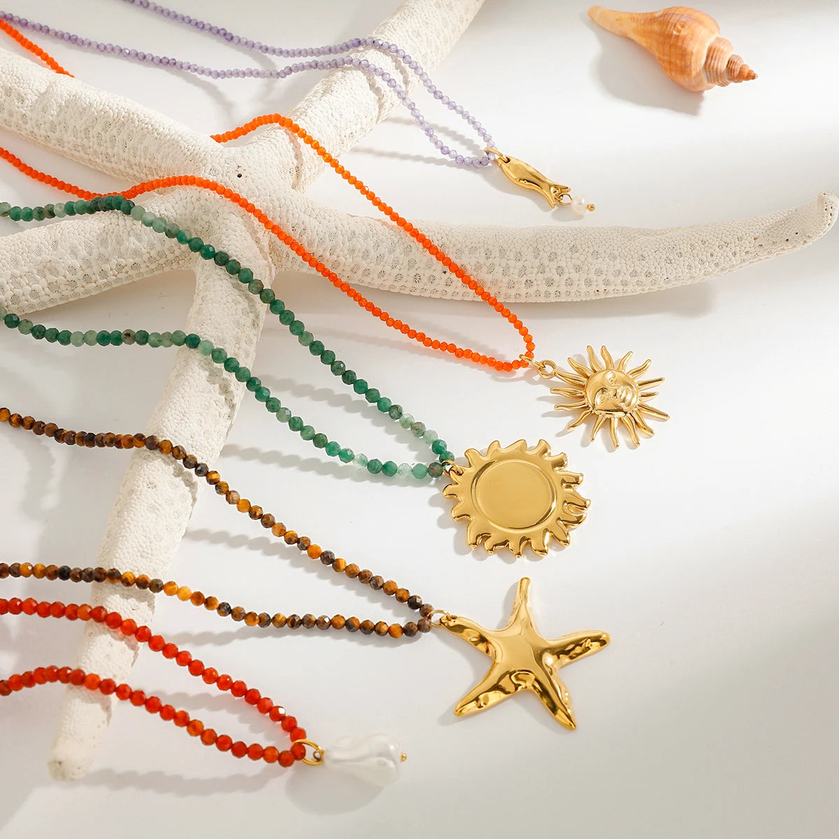 Starfish Pendant Bead Necklace Natural Stone