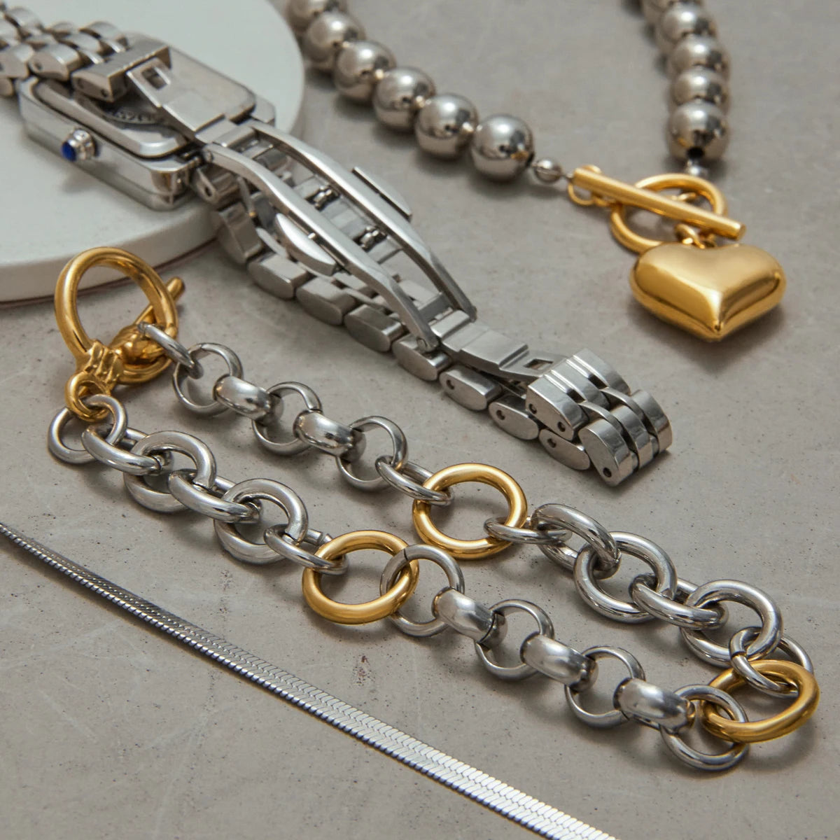 Snake Chain & Geometric Rectangular Watch Bead & Chain Stackable Bracelet