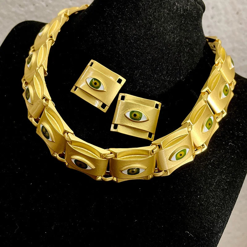Matte Gold Square Evil Eye Necklace Earrings
