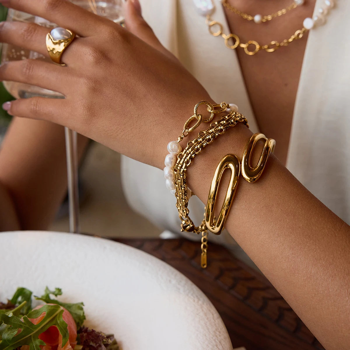 18K Gold Color Plated Stainless Steel Freshwater Pearl Bracelets