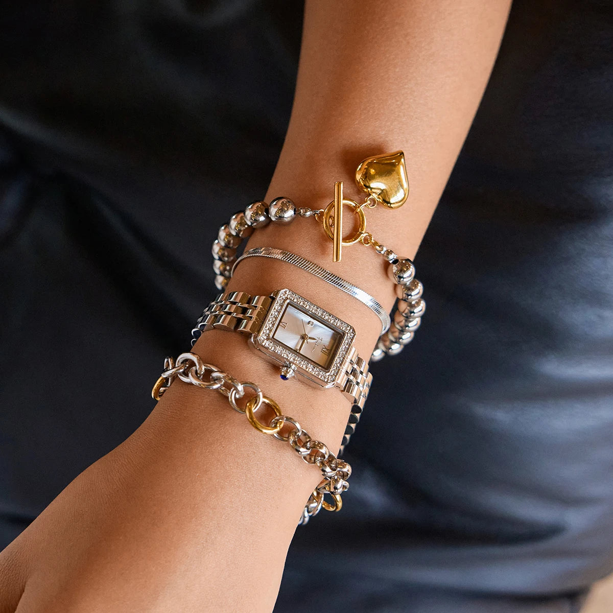 Snake Chain & Geometric Rectangular Watch Bead & Chain Stackable Bracelet