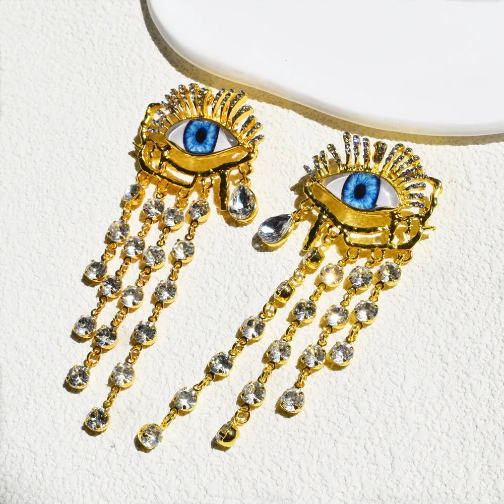 Rhinestone Golden Evil Eye Chain Dangle Earrings