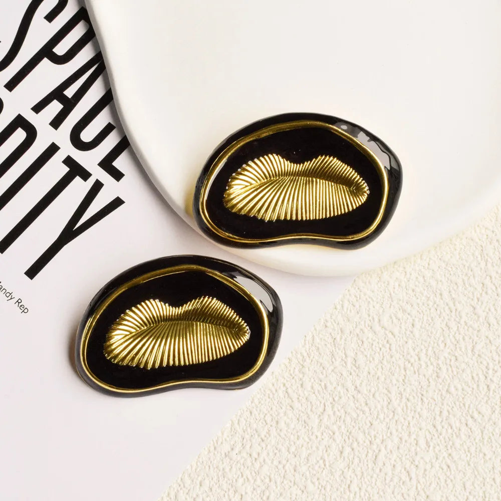 Statement Black Enamel Lip Style Earrings