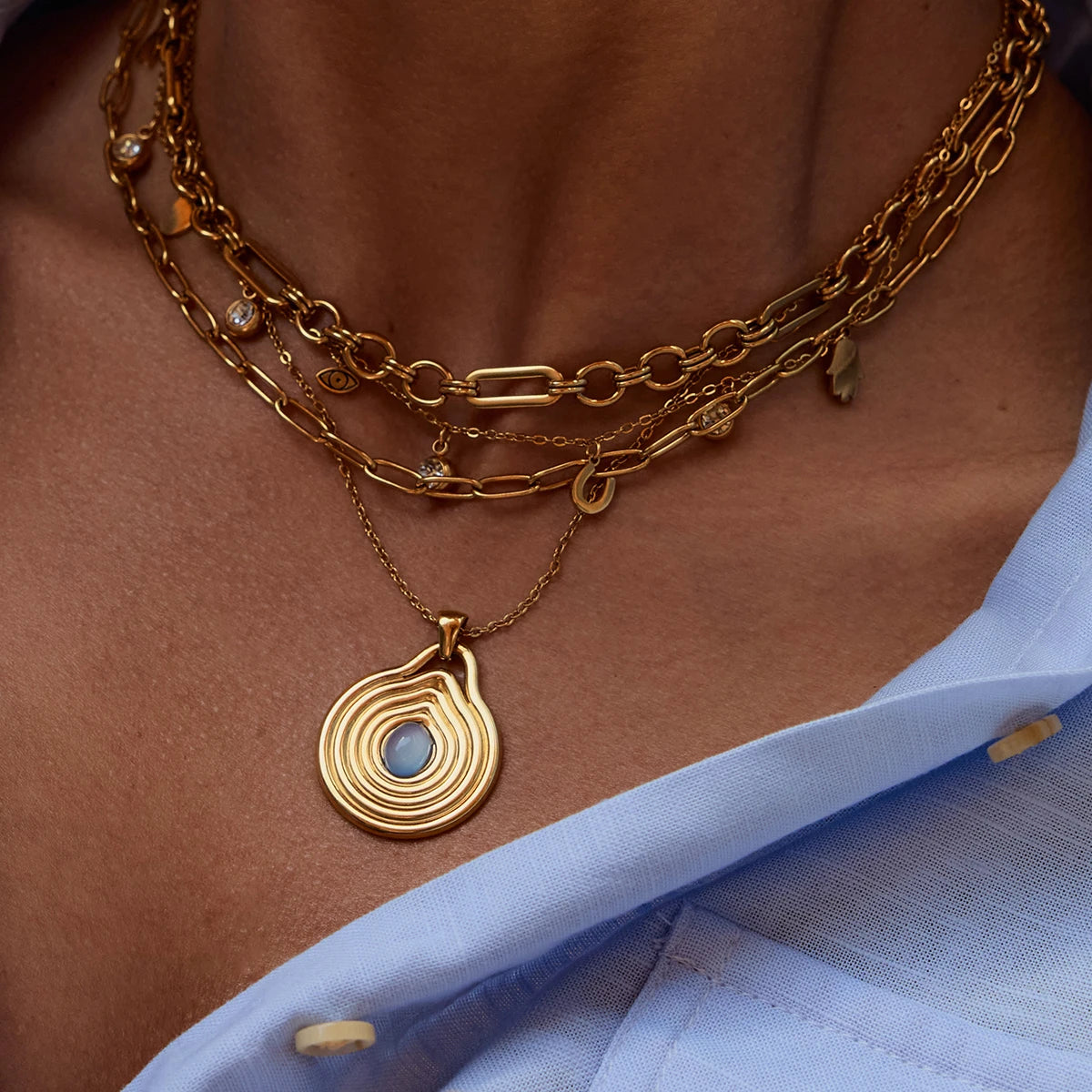 18K Gold Color Plated Stainless Steel Ribbed Blue Resin Pendant Necklace