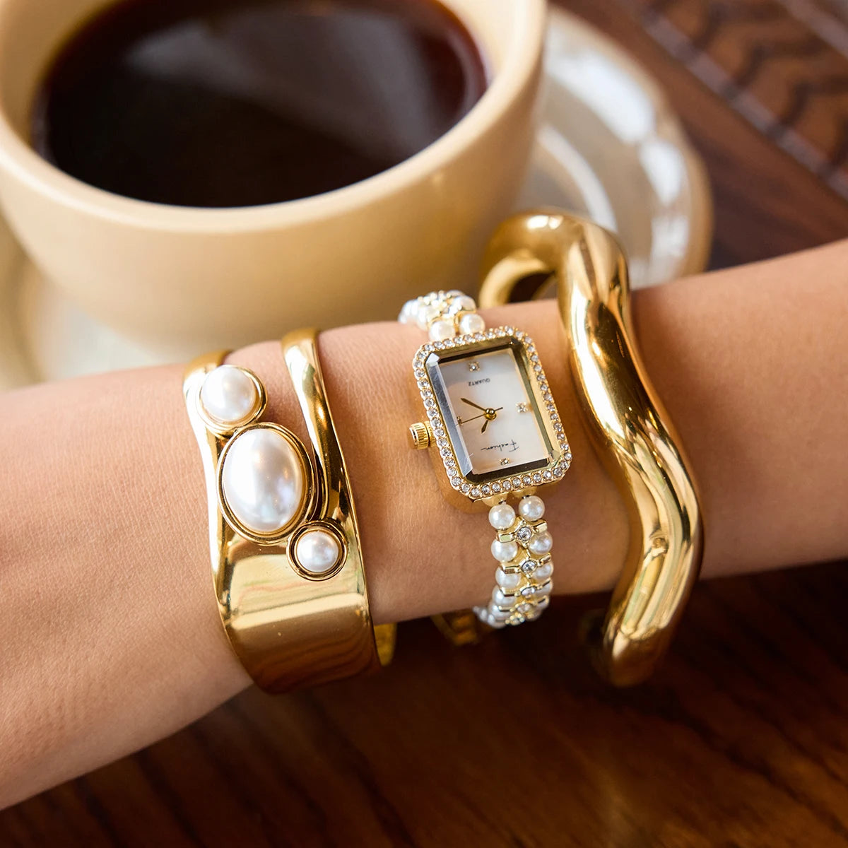 Pearl Rectangular Watch & Bracelets 18K Gold Plated