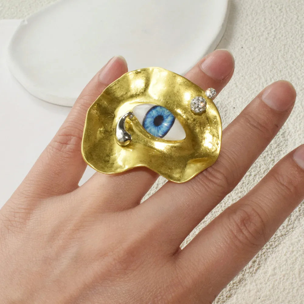 Statement Baroque Style Metal Plated Blue Eyes Open Ring