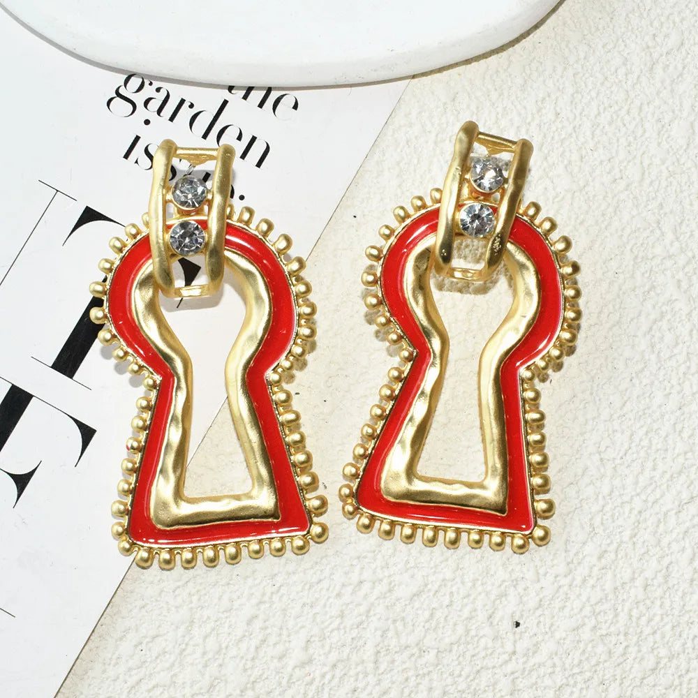 Statement Surrealist Lock Red Enamel Earrings