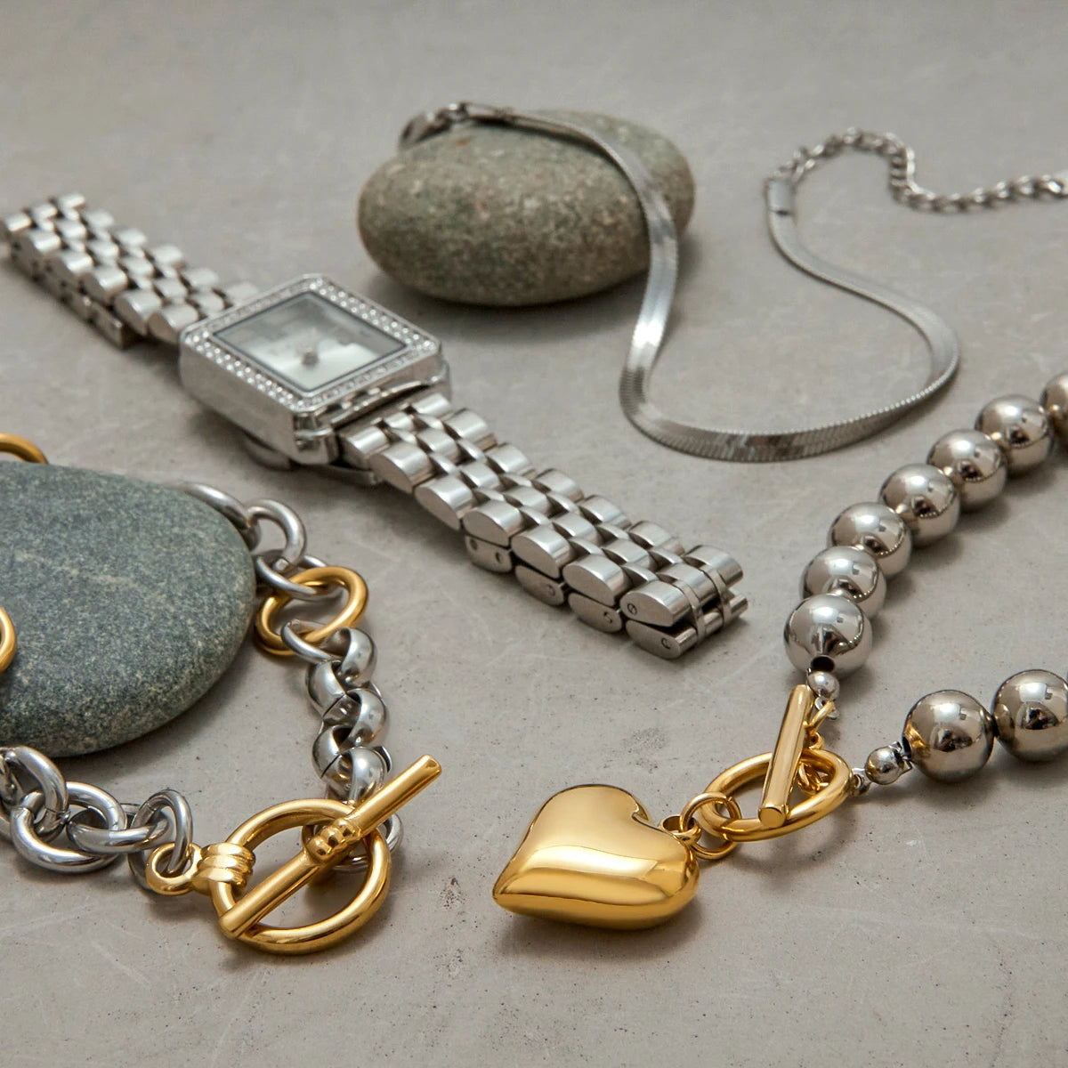 Snake Chain & Geometric Rectangular Watch Bead & Chain Stackable Bracelet