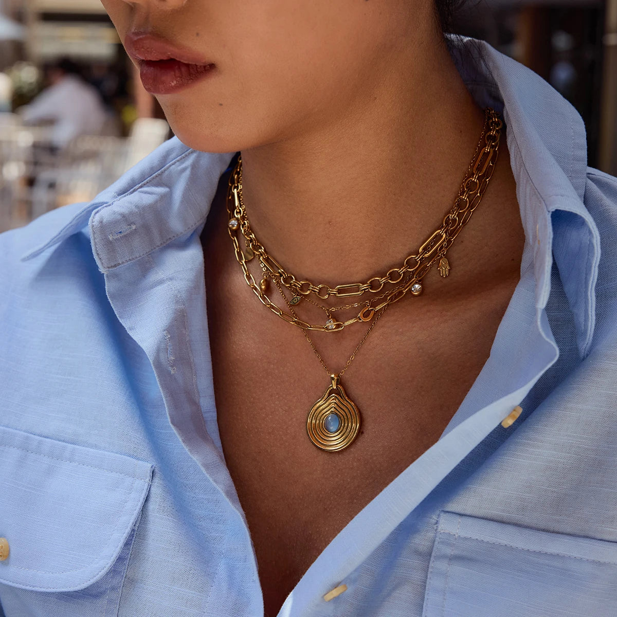 18K Gold Color Plated Stainless Steel Ribbed Blue Resin Pendant Necklace