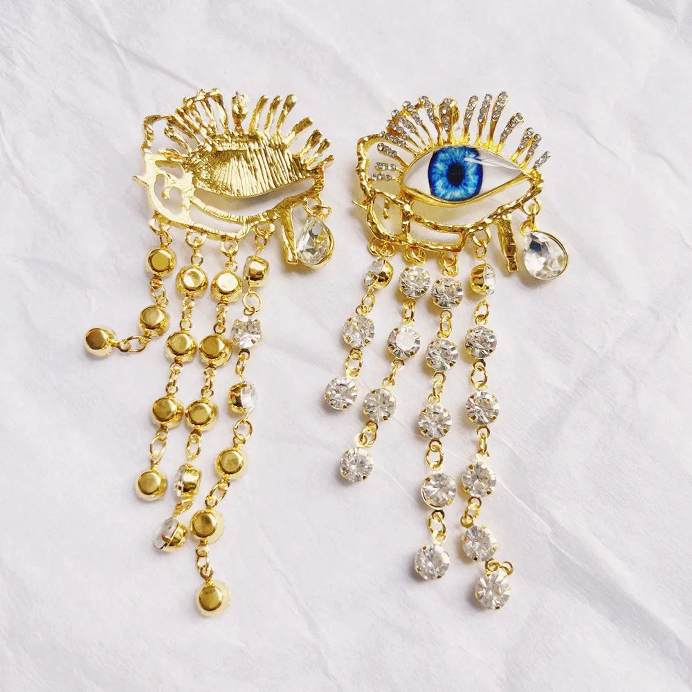 Rhinestone Golden Evil Eye Chain Dangle Earrings