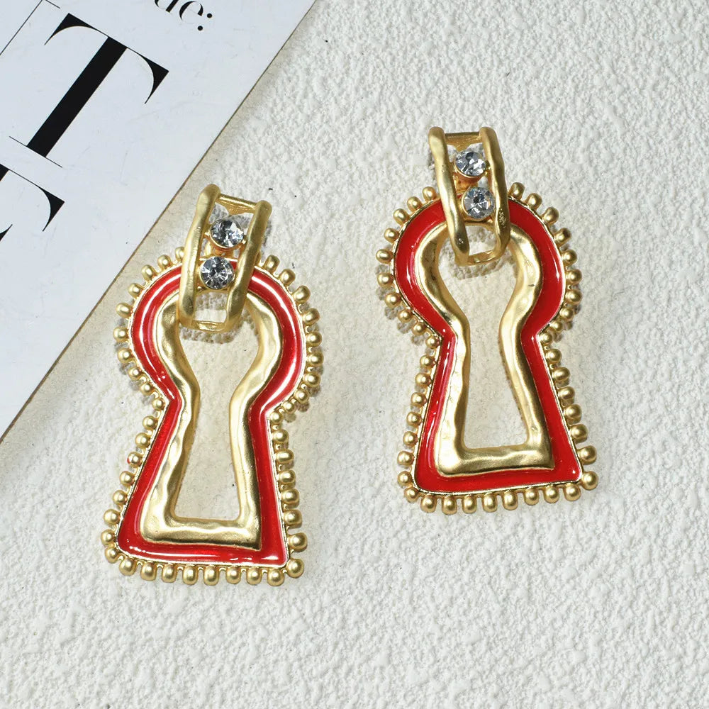 Statement Surrealist Lock Red Enamel Earrings