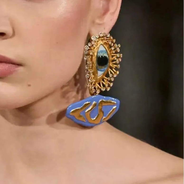Resin Blue Eyes Metal Plated Dangle Earrings