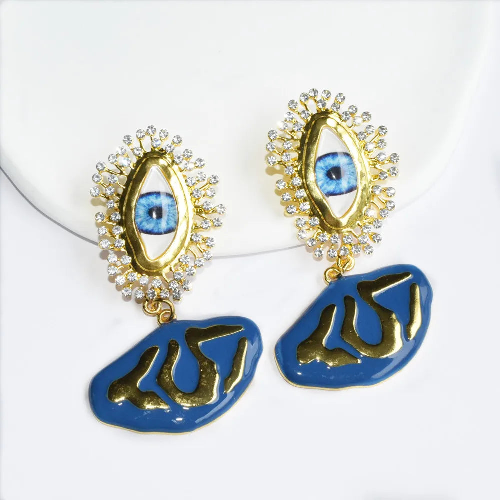 Resin Blue Eyes Metal Plated Dangle Earrings