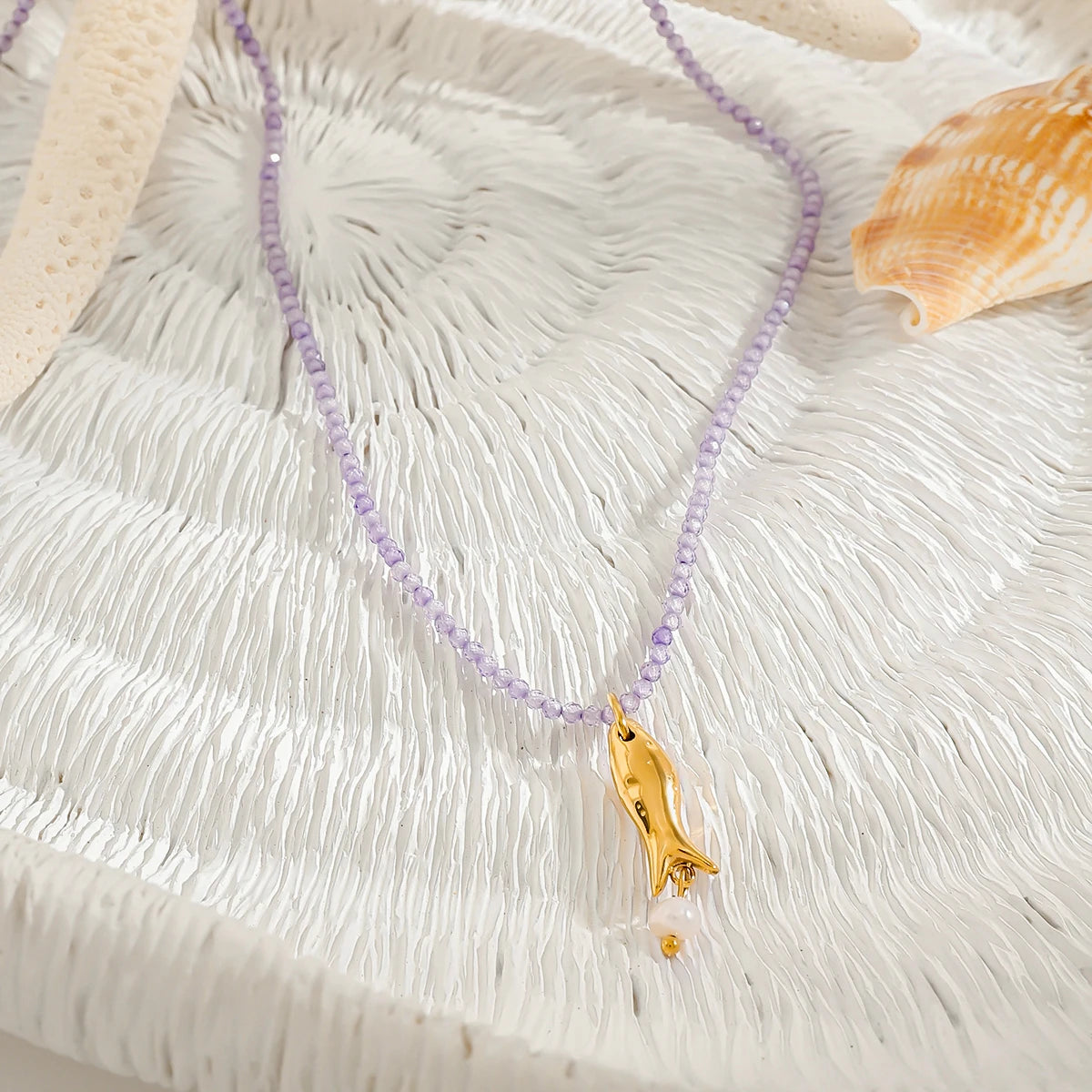 Starfish Pendant Bead Necklace Natural Stone