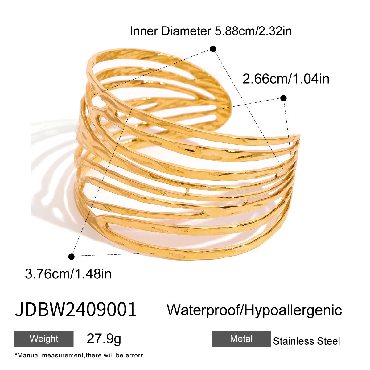 18k Gold Plated Stainless Steel Irregular Line Wide Bracelets