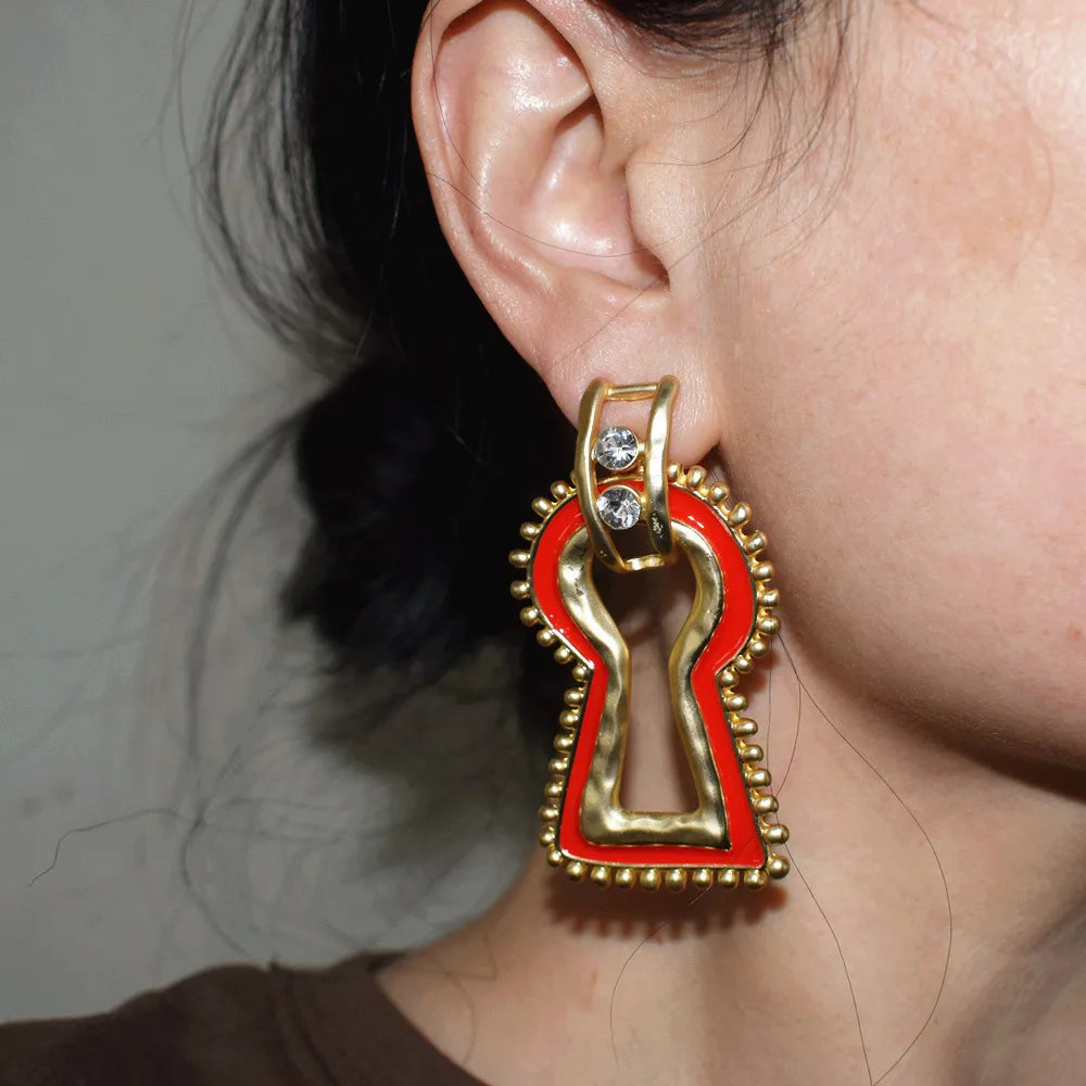 Statement Surrealist Lock Red Enamel Earrings