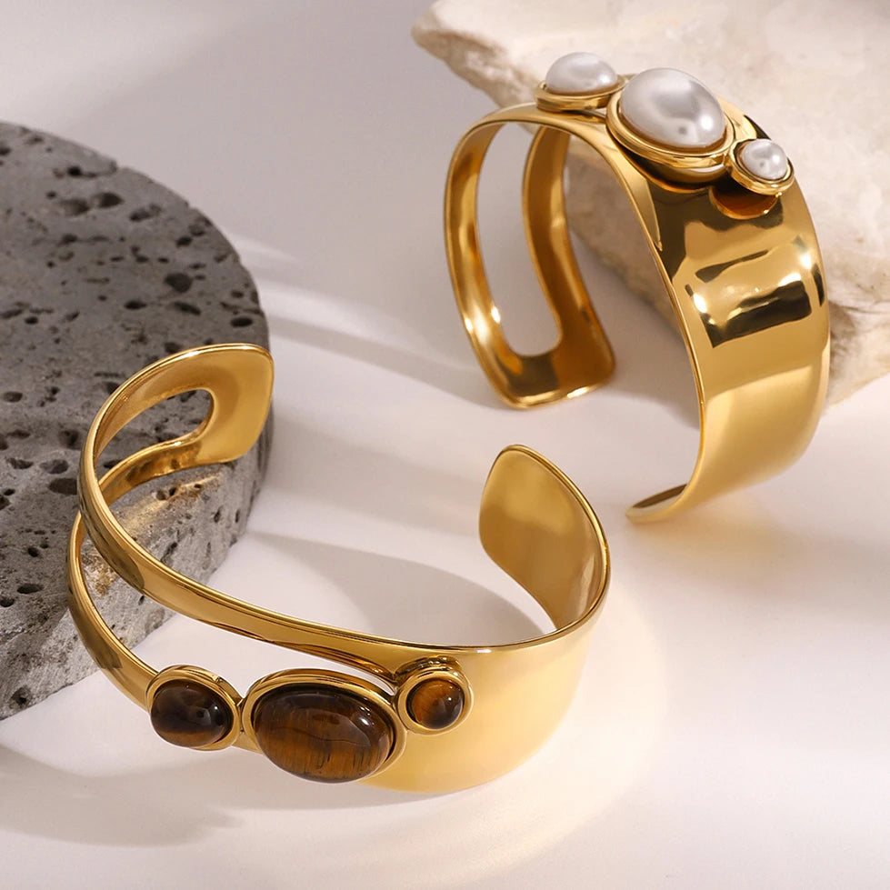 Asymmetric Pearl Bracelet Tiger Eye Stone Stacked Bracelet