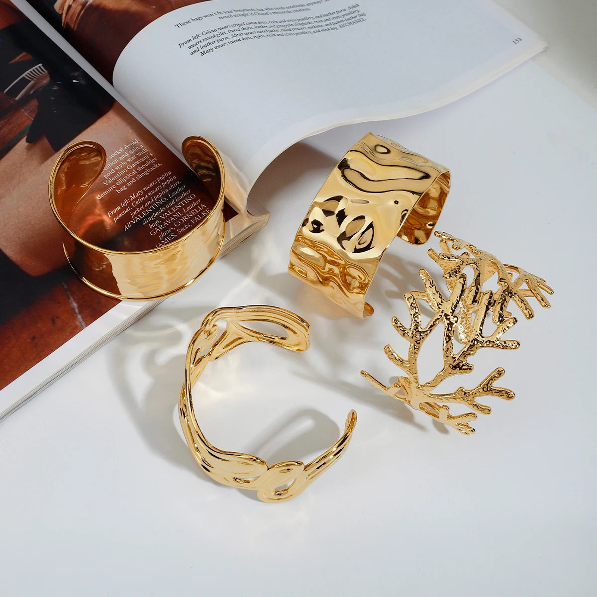 18k Gold Plated Stainless Steel Irregular Line Wide Bracelets