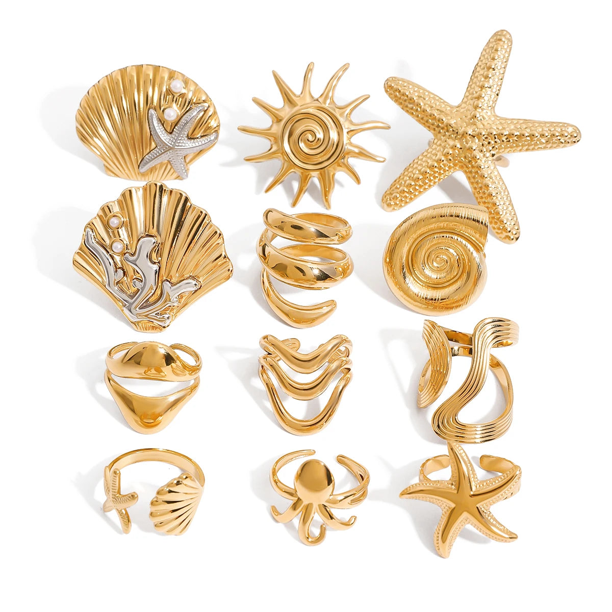 Ocean Beach Starfish Spiral Ring 18K Gold Plated Stainless Steel Shell Stackable Rings