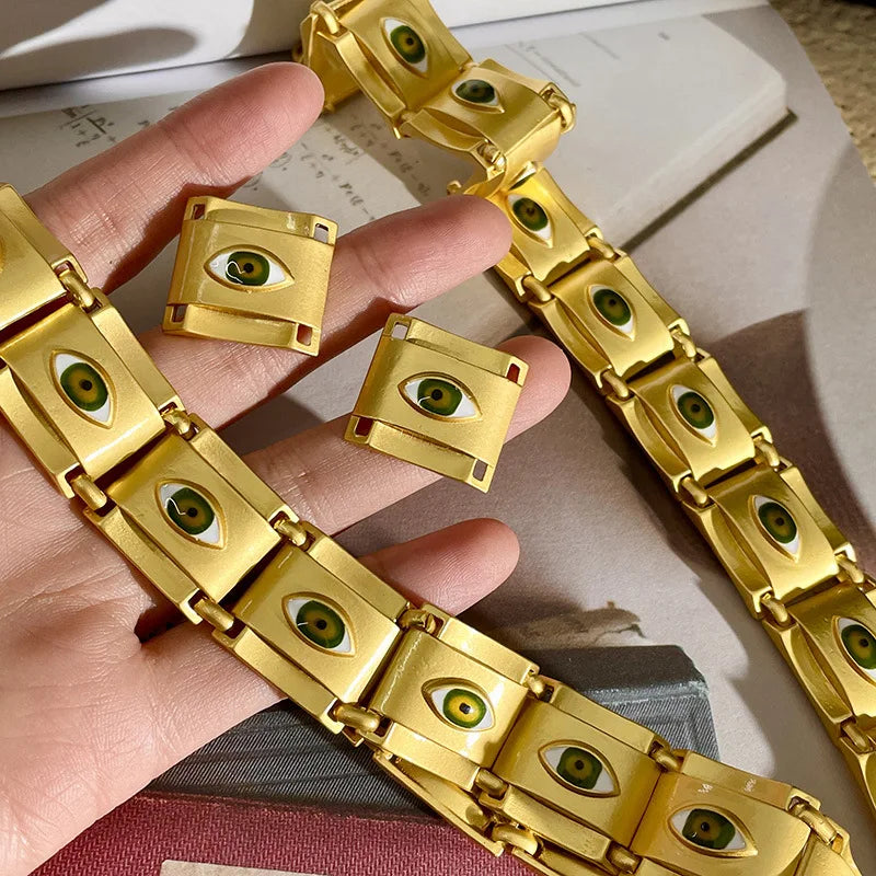 Matte Gold Square Evil Eye Necklace Earrings