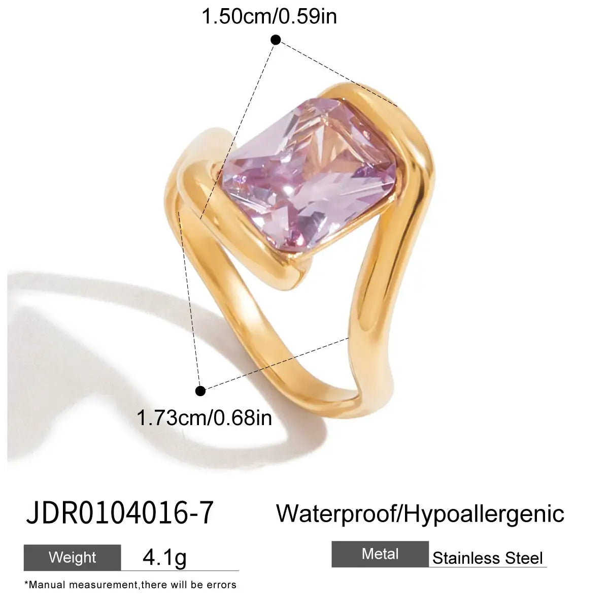 Square Pink Zircon Ring 18K Gold Plated
