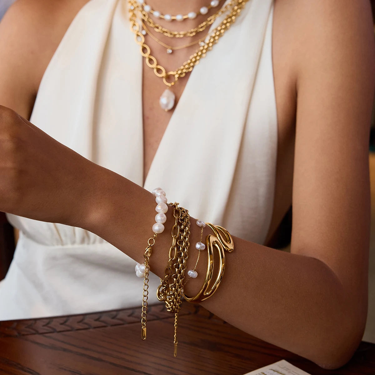 18K Gold Color Plated Stainless Steel Freshwater Pearl Bracelets