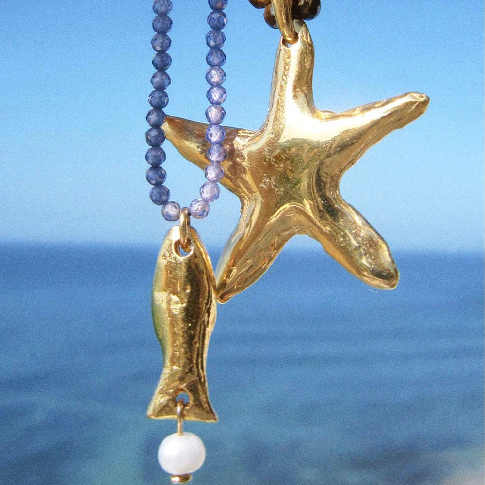 Starfish Pendant Bead Necklace Natural Stone