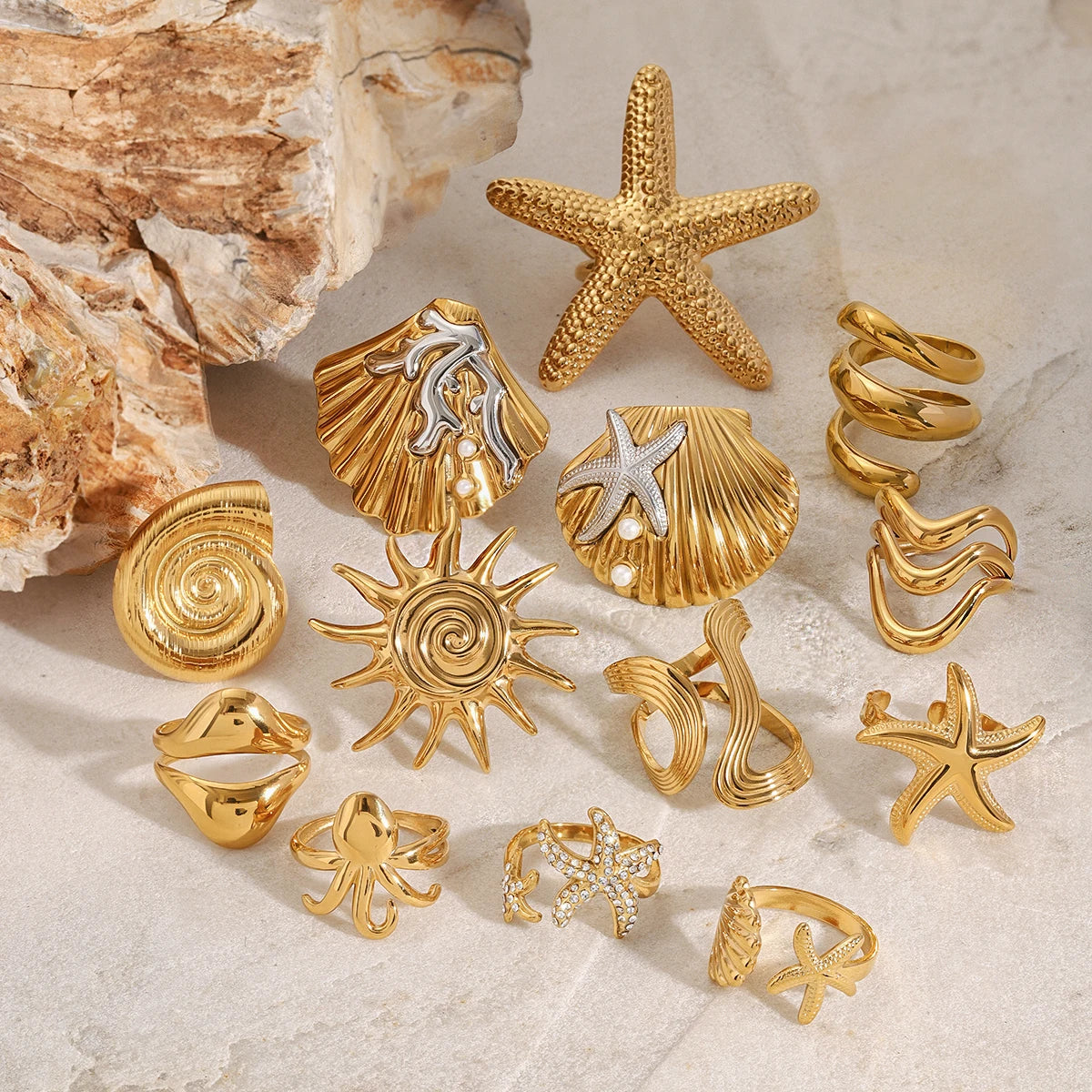 Ocean Beach Starfish Spiral Ring 18K Gold Plated Stainless Steel Shell Stackable Rings