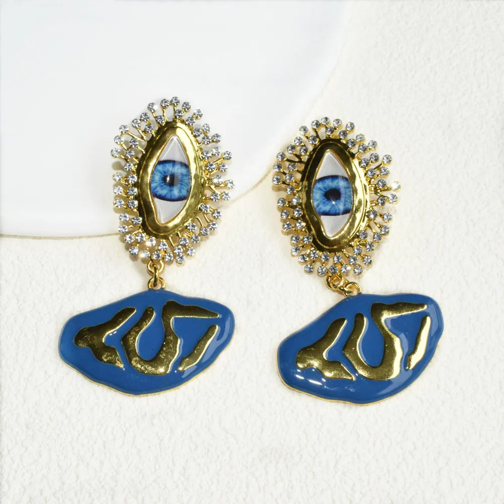 Resin Blue Eyes Metal Plated Dangle Earrings