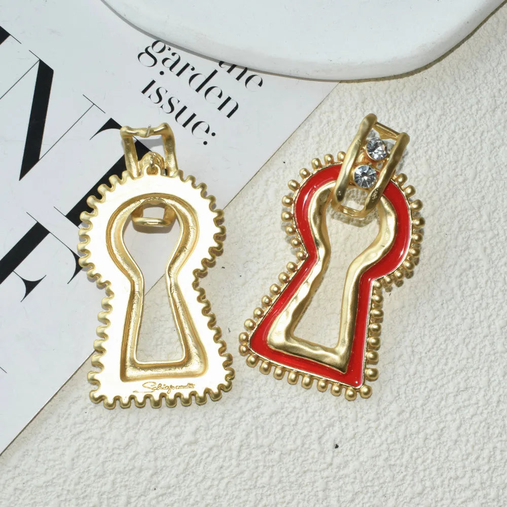 Statement Surrealist Lock Red Enamel Earrings