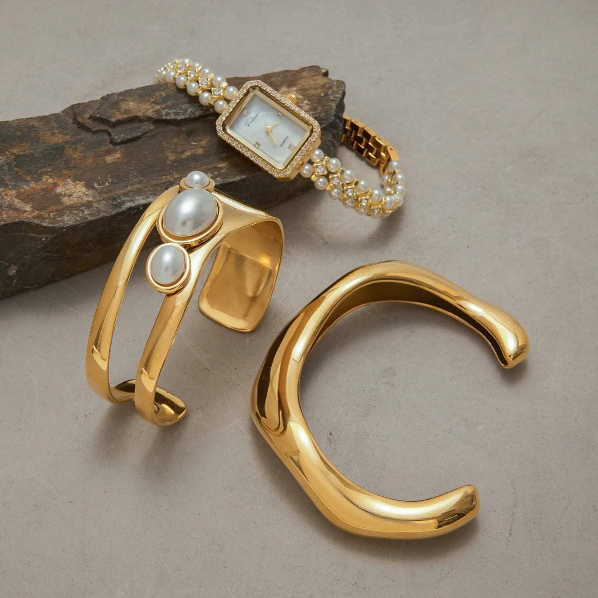 Pearl Rectangular Watch & Bracelets 18K Gold Plated