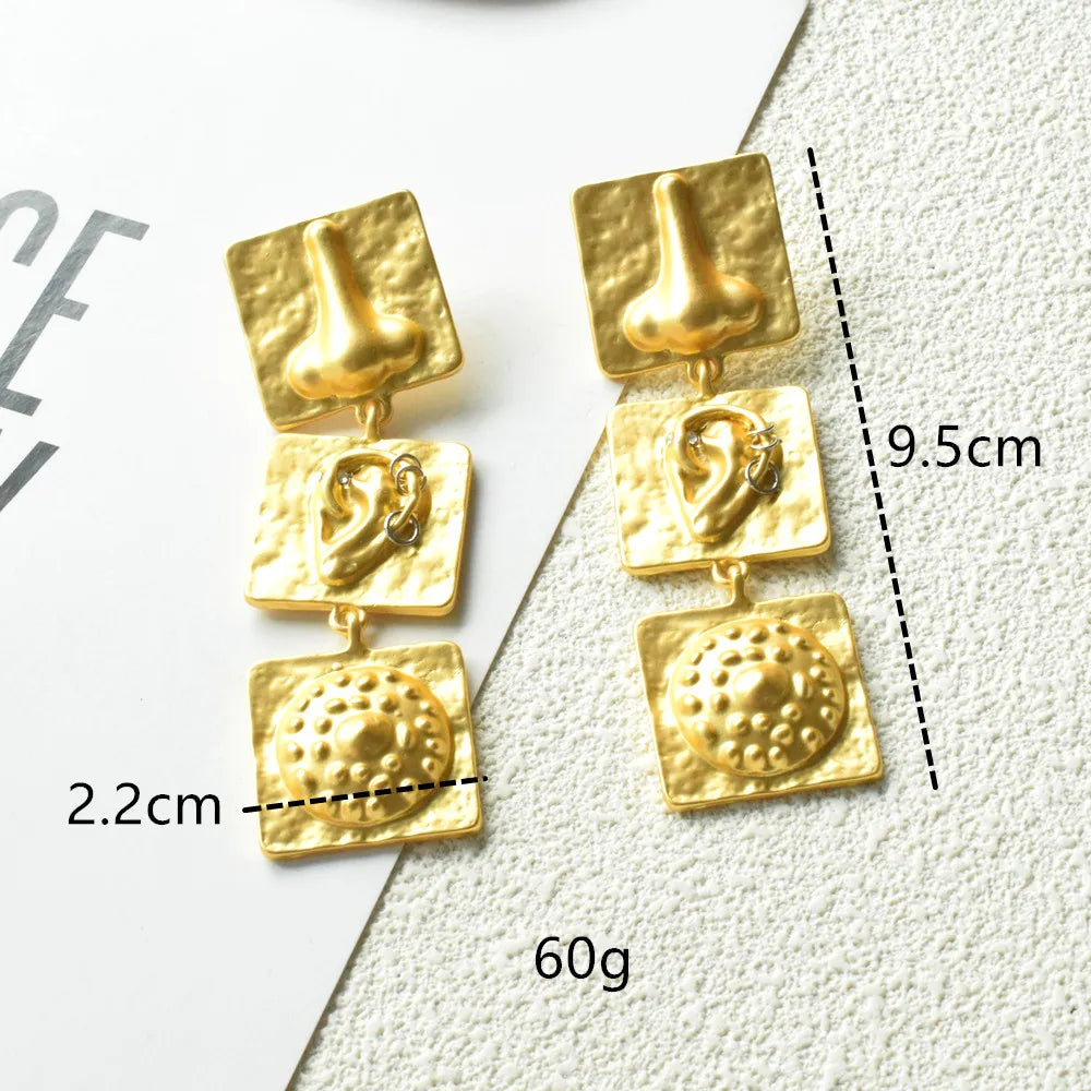 Gold Plated Face Nose Ears' Surrealist Dangle Earrings