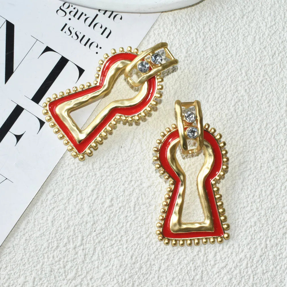 Statement Surrealist Lock Red Enamel Earrings