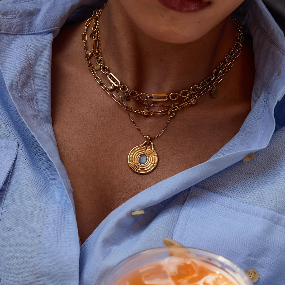 18K Gold Color Plated Stainless Steel Ribbed Blue Resin Pendant Necklace