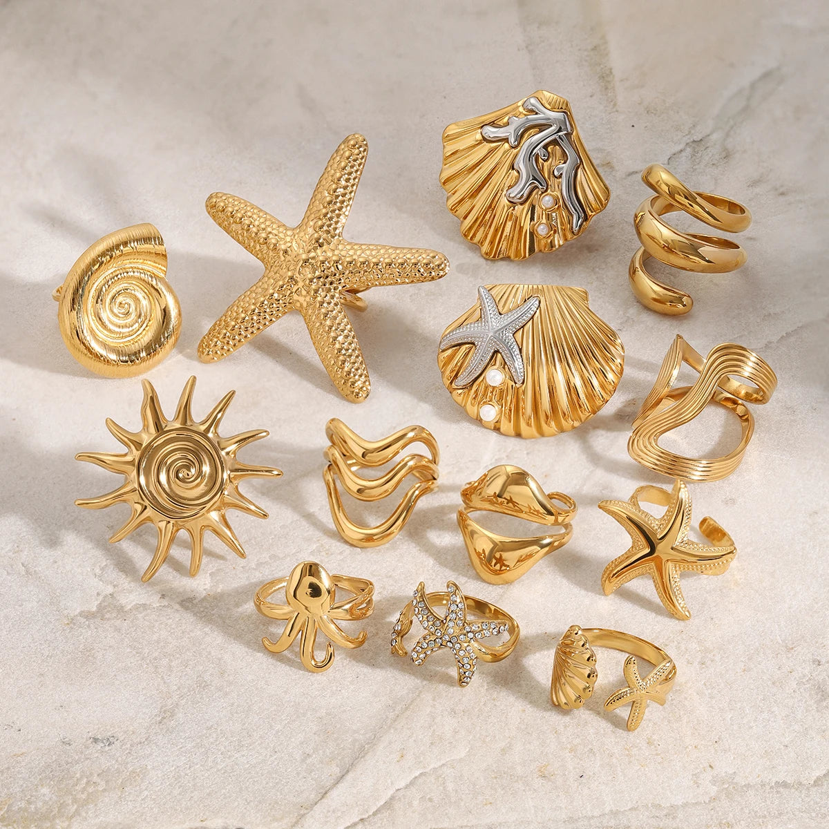 Ocean Beach Starfish Spiral Ring 18K Gold Plated Stainless Steel Shell Stackable Rings