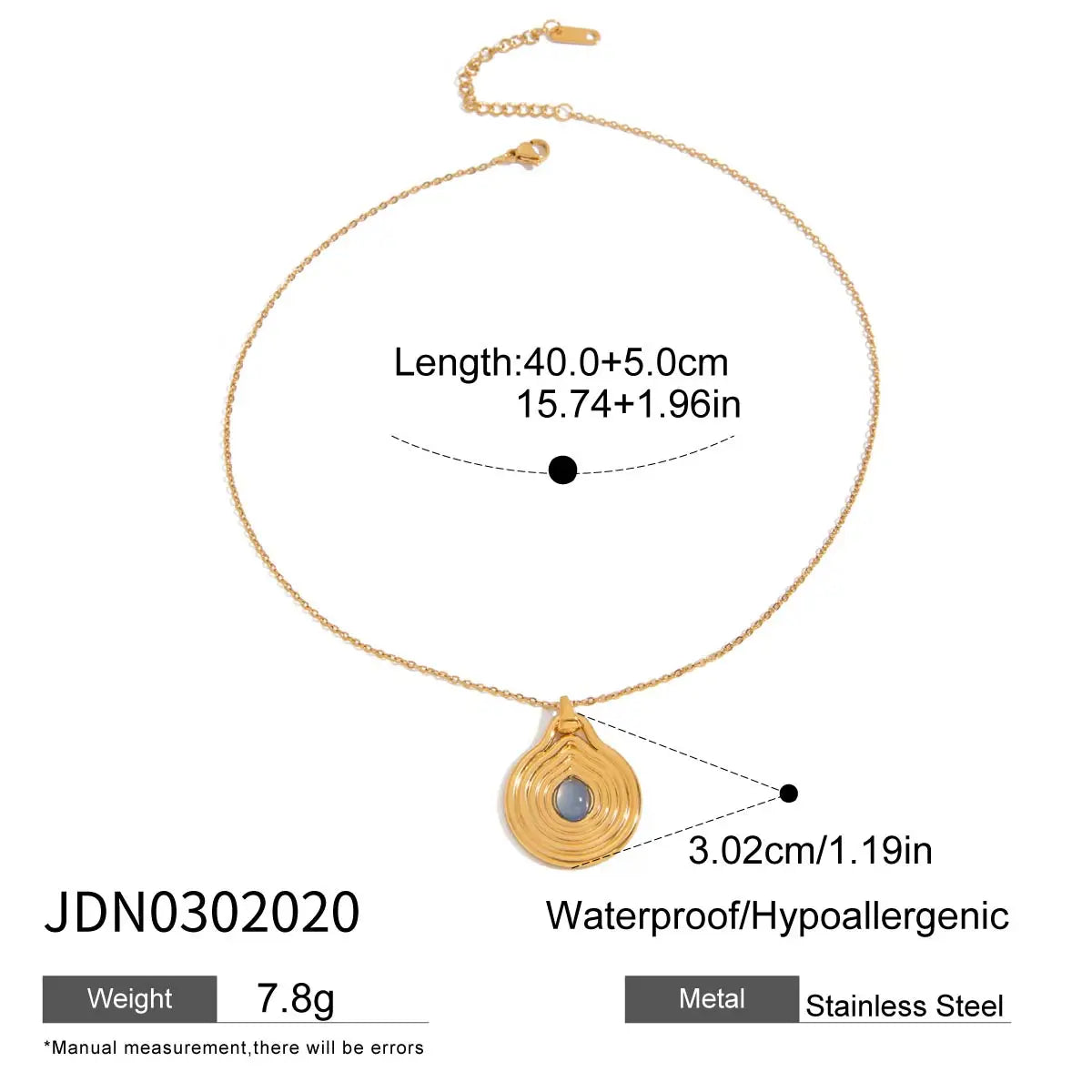 18K Gold Color Plated Stainless Steel Ribbed Blue Resin Pendant Necklace