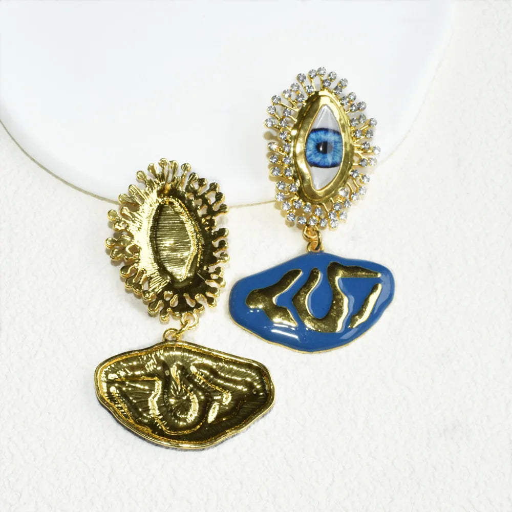Resin Blue Eyes Metal Plated Dangle Earrings