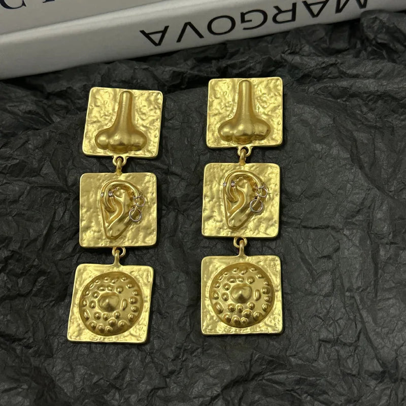 Gold Plated Face Nose Ears' Surrealist Dangle Earrings