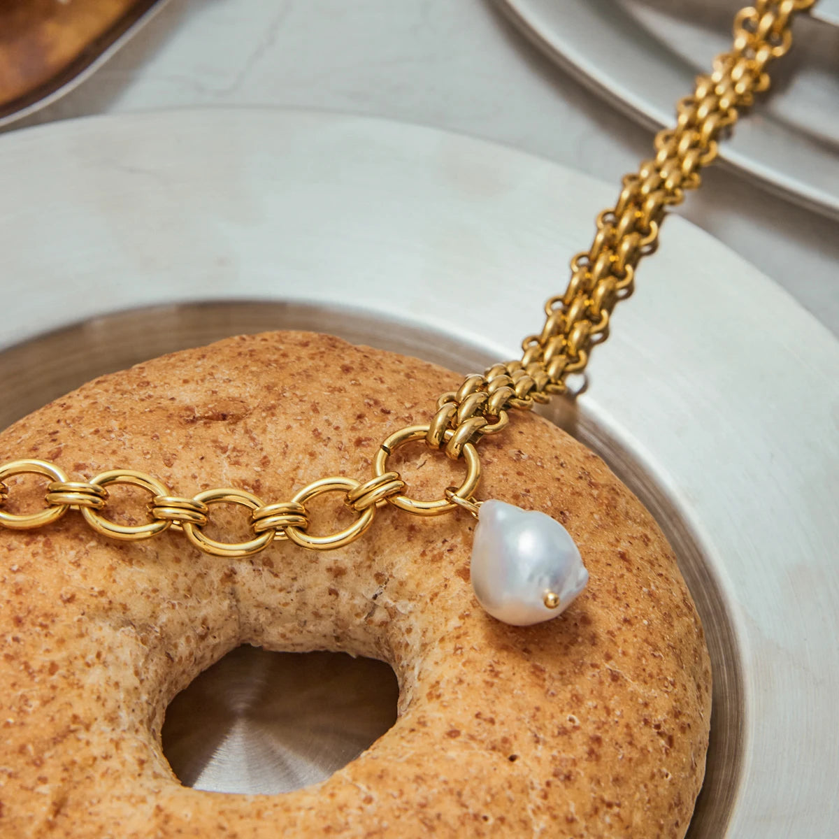 Freshwater Pearl Pendant 18K Gold Plated Necklace Stainless Steel