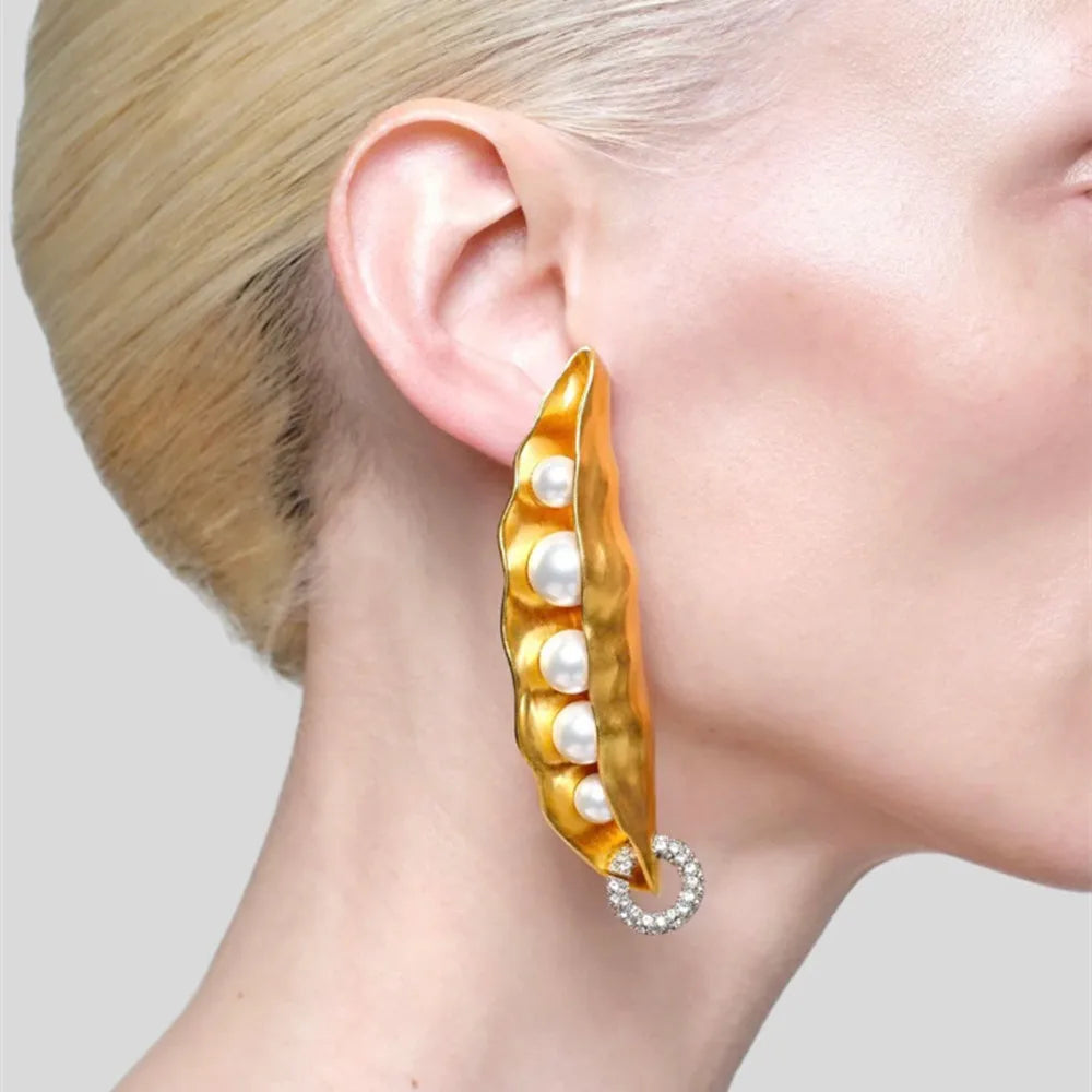Gold Plated Pea Shape Dangle Earrings